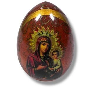 Vintage Wooden Russian Orthodox Egg with Child Religious Icon Hand Painted 3.5"